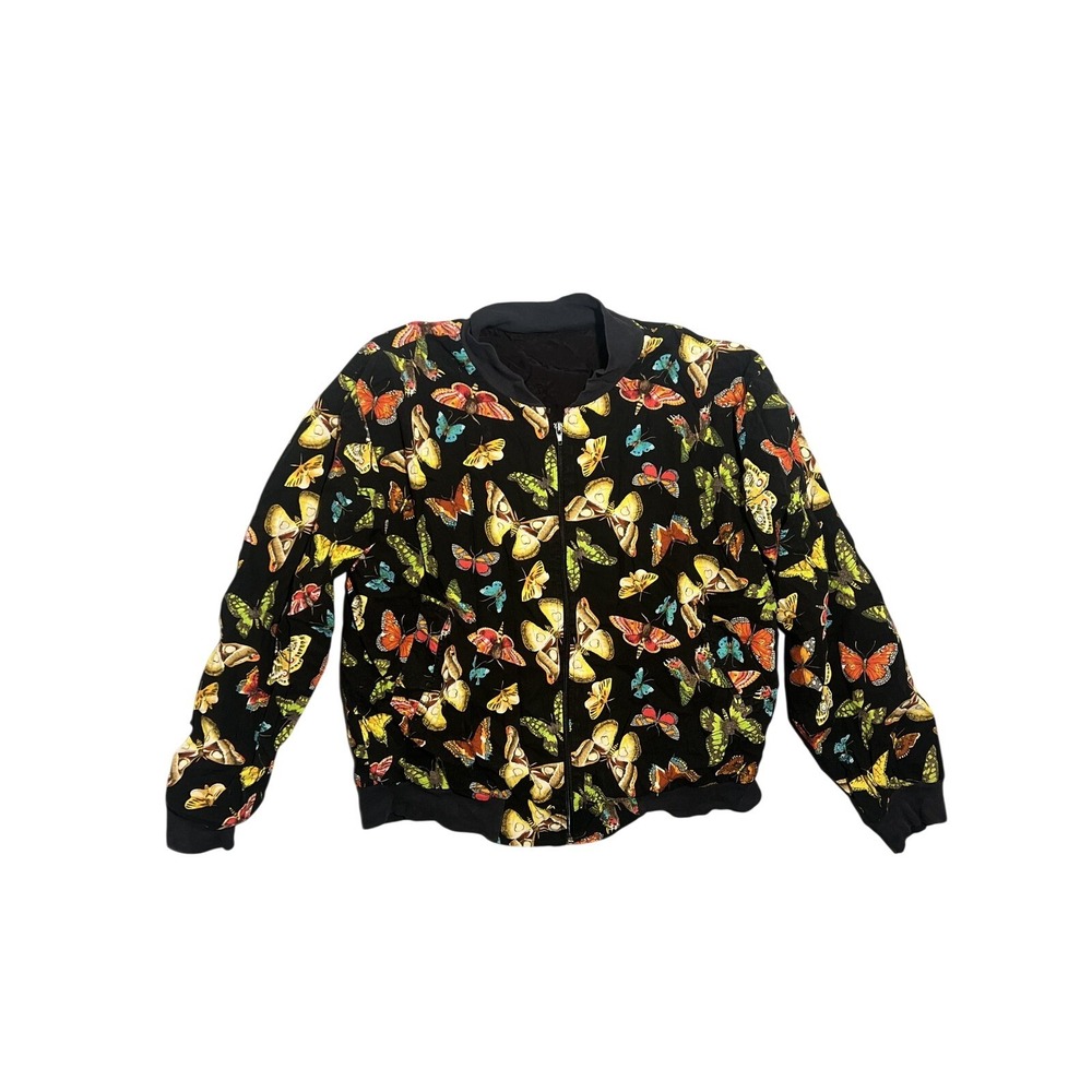 VTG Women's Black Multi-Color Butterfly Print Full Zip Bomber Jacket Coat Casual